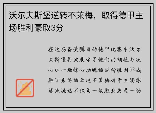 沃尔夫斯堡逆转不莱梅，取得德甲主场胜利豪取3分